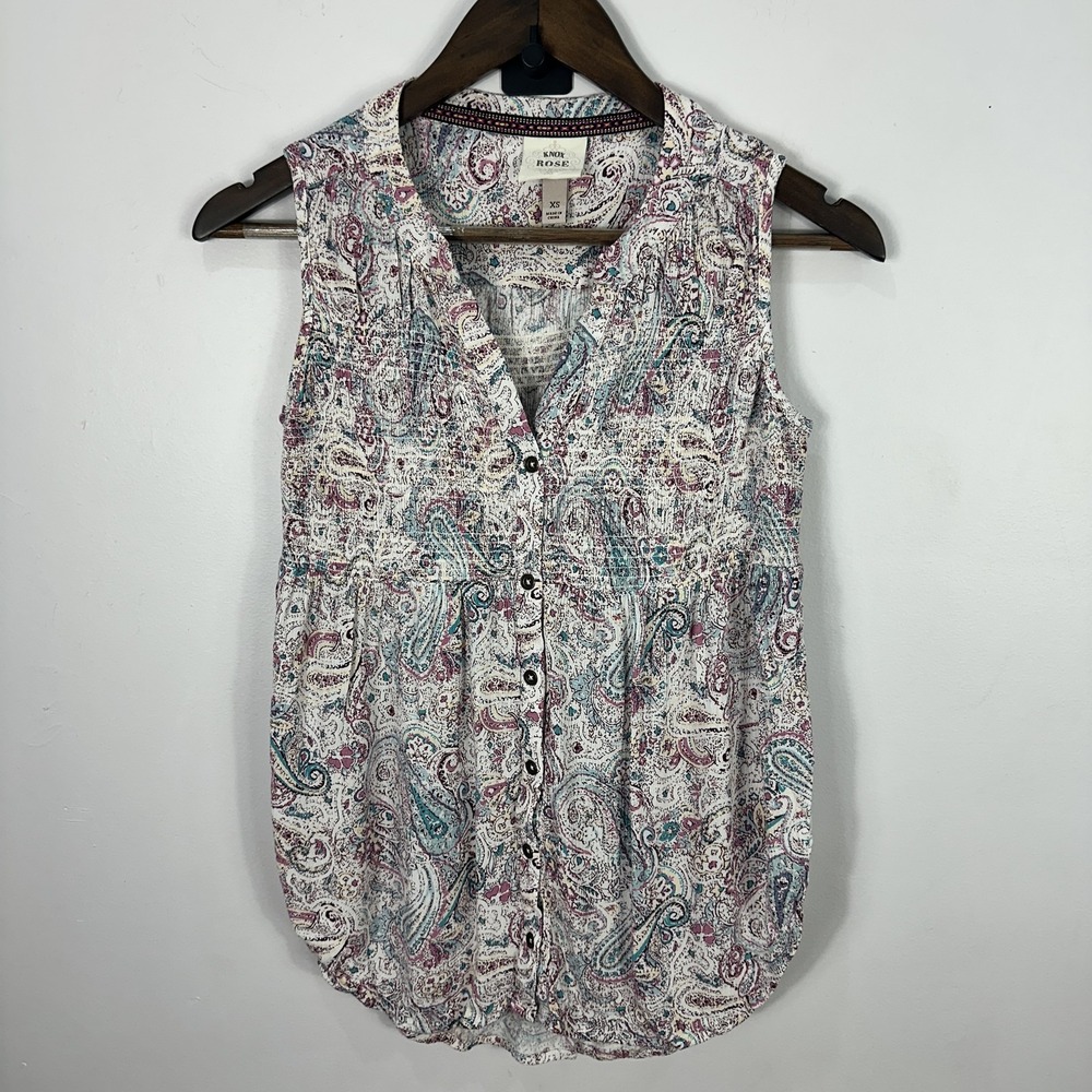 Knox Rose Shirt Womens XS Pink‎ Blue Paisley Sleeveless Button Front Boho Indie